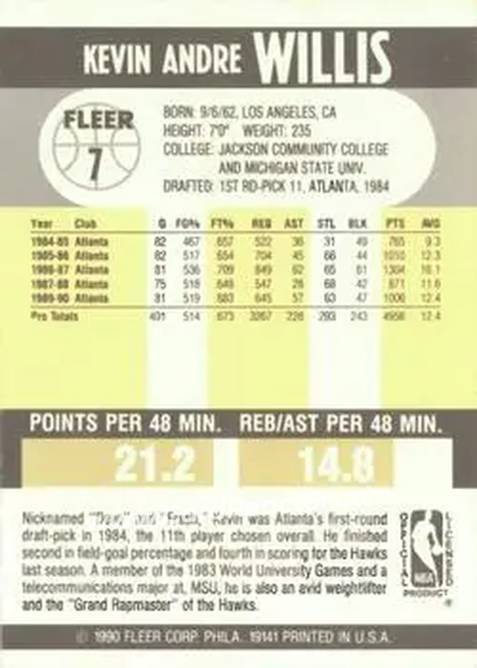 1990-91 Fleer #7 - Kevin Willis - Atlanta Hawks - Back 1990-91 Fleer #7 - Kevin Willis - Atlanta Hawks - Back