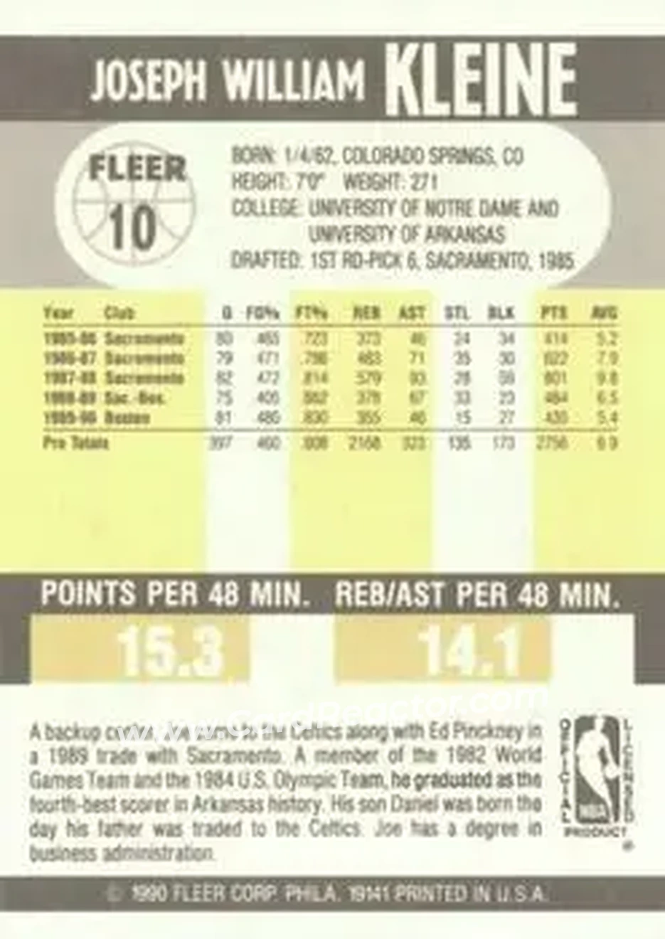 1990-91 Fleer #10 - Joe Kleine - Boston Celtics - Back 1990-91 Fleer #10 - Joe Kleine - Boston Celtics - Back