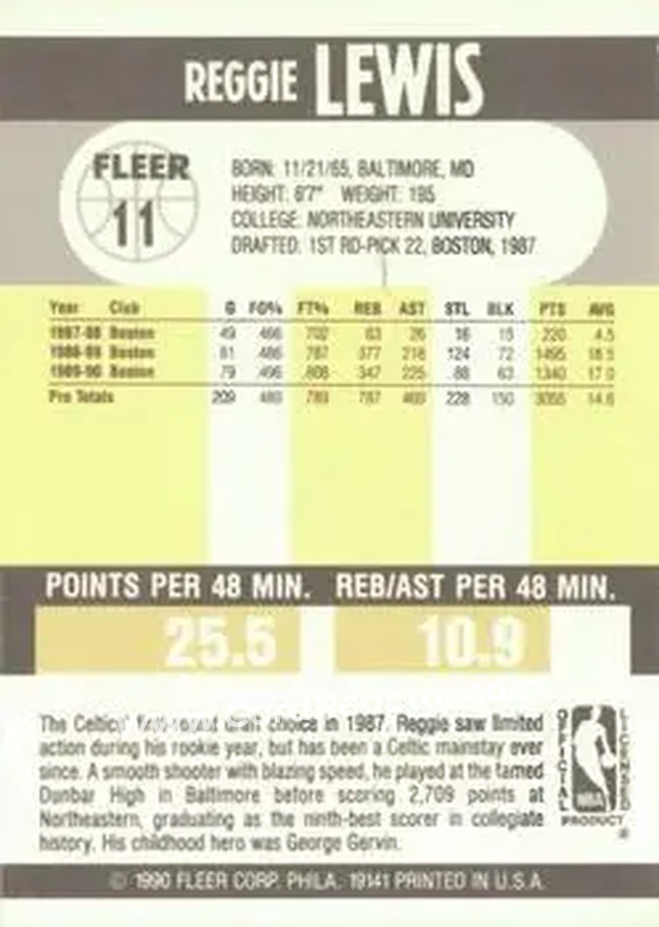 1990-91 Fleer #11 - Reggie Lewis - Boston Celtics - Back 1990-91 Fleer #11 - Reggie Lewis - Boston Celtics - Back