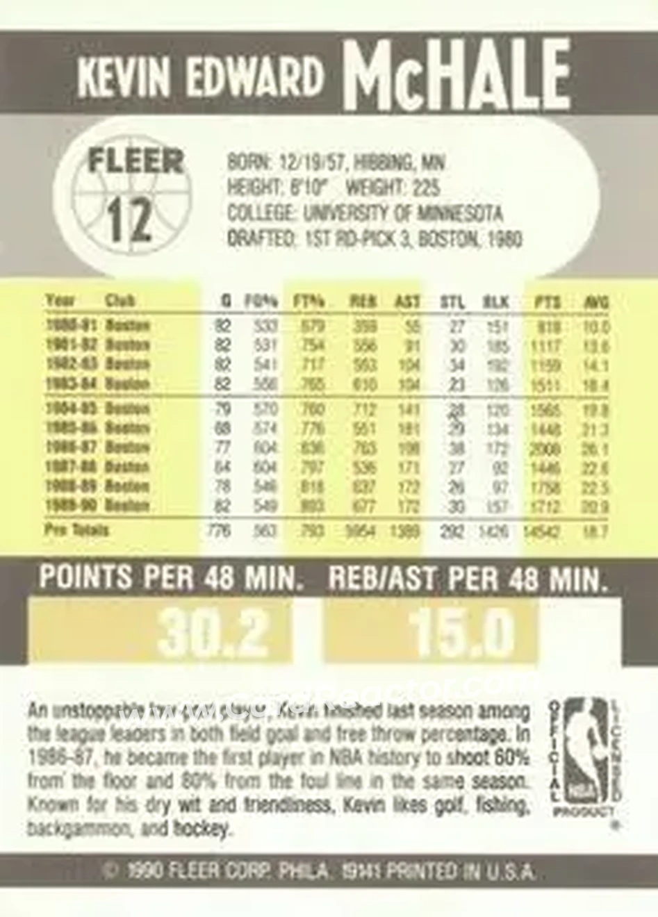 1990-91 Fleer #12 - Kevin McHale - Boston Celtics - Back
