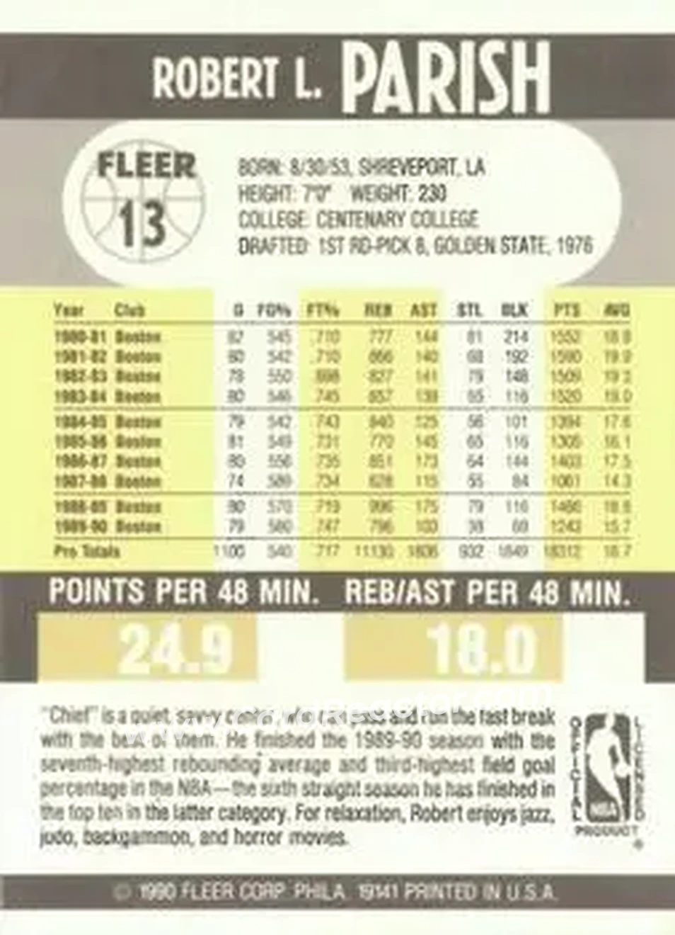 1990-91 Fleer #13 - Robert Parish - Boston Celtics - Back 1990-91 Fleer #13 - Robert Parish - Boston Celtics - Back