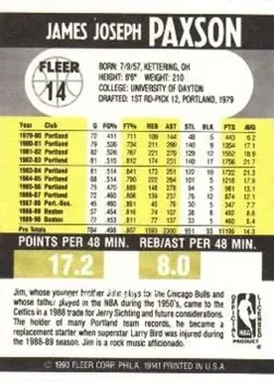 1990-91 Fleer #14 - Jim Paxson - Boston Celtics - Back 1990-91 Fleer #14 - Jim Paxson - Boston Celtics - Back
