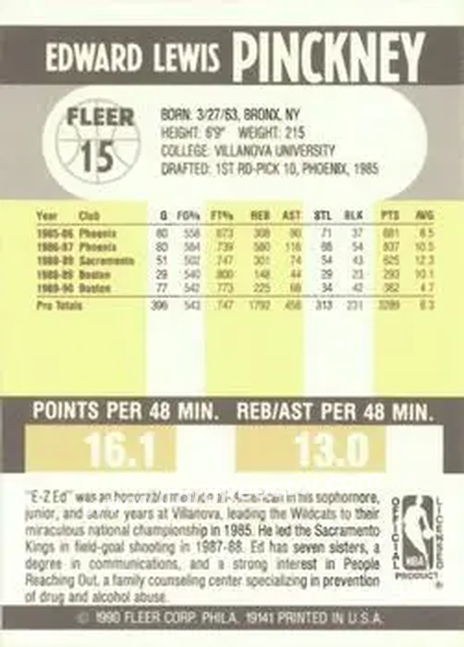 1990-91 Fleer #15 - Ed Pinckney - Boston Celtics - Back 1990-91 Fleer #15 - Ed Pinckney - Boston Celtics - Back