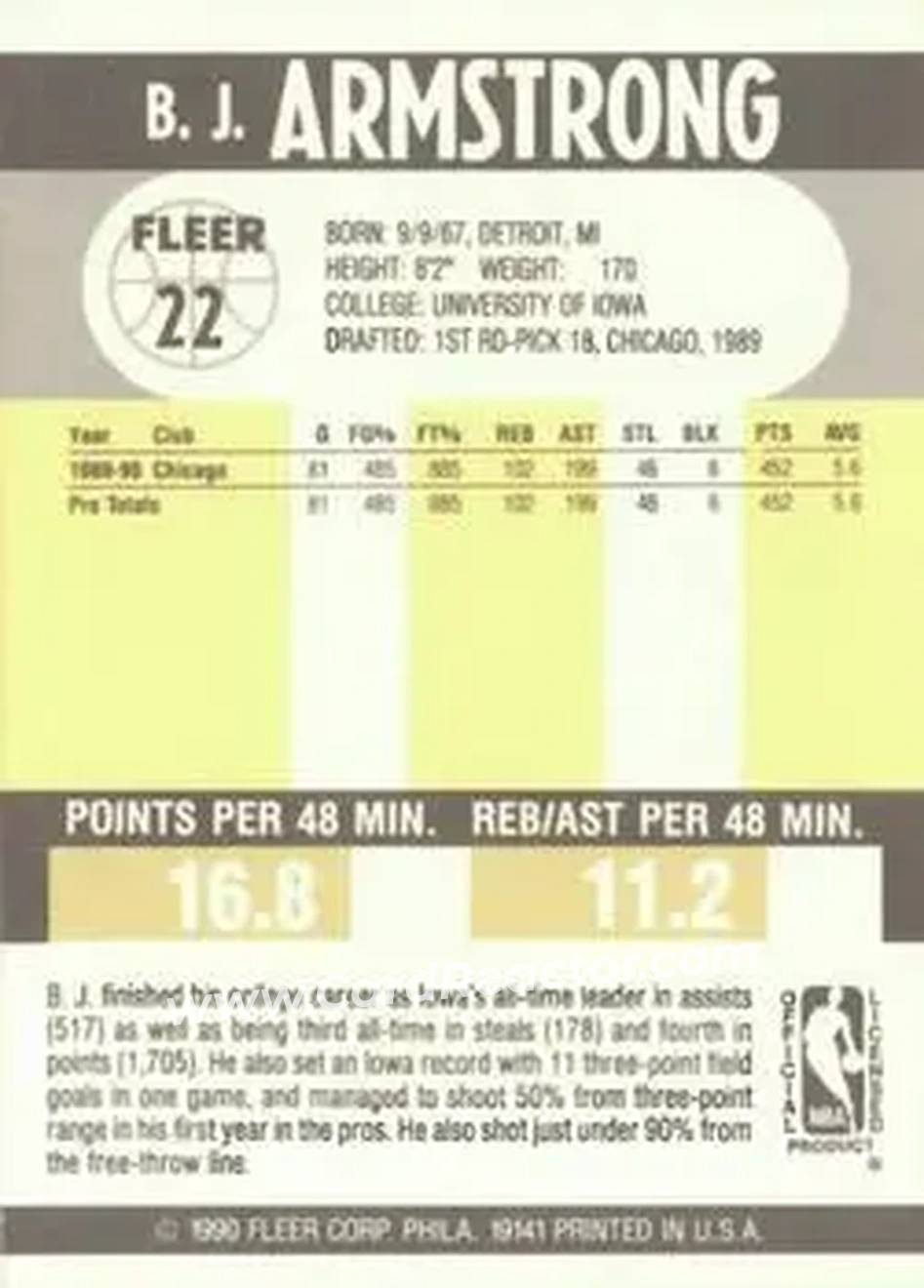 1990-91 Fleer #22 - B.J. Armstrong - Chicago Bulls - Back 1990-91 Fleer #22 - B.J. Armstrong - Chicago Bulls - Back