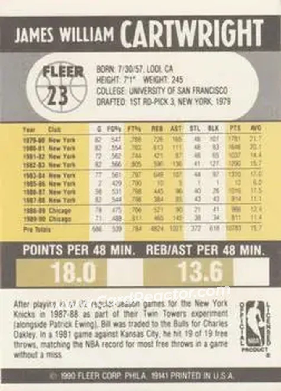1990-91 Fleer #23 - Bill Cartwright - Chicago Bulls - Back 1990-91 Fleer #23 - Bill Cartwright - Chicago Bulls - Back