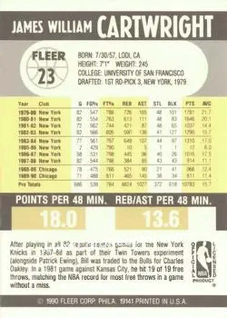 1990-91 Fleer #23 - Bill Cartwright - Chicago Bulls - Back 1990-91 Fleer #23 - Bill Cartwright - Chicago Bulls - Back