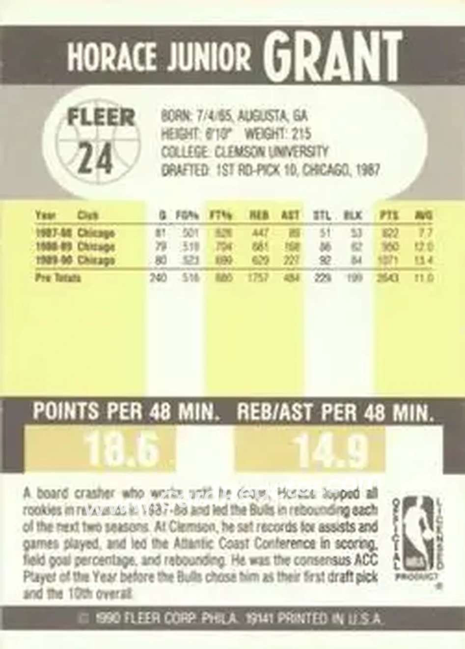 1990-91 Fleer #24 - Horace Grant - Chicago Bulls - Back 1990-91 Fleer #24 - Horace Grant - Chicago Bulls - Back