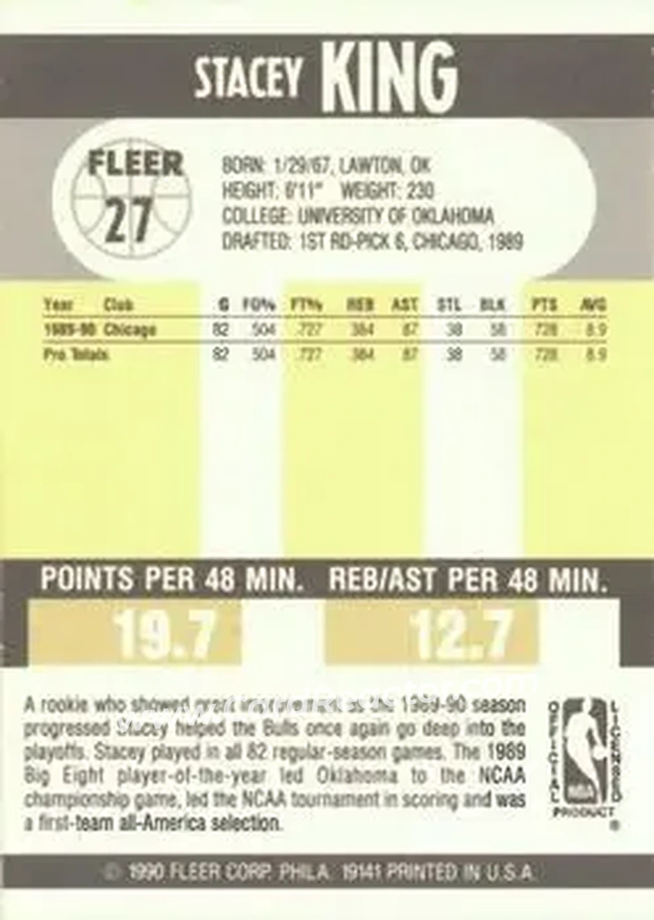 1990-91 Fleer #27 - Stacey King - Chicago Bulls - Back 1990-91 Fleer #27 - Stacey King - Chicago Bulls - Back