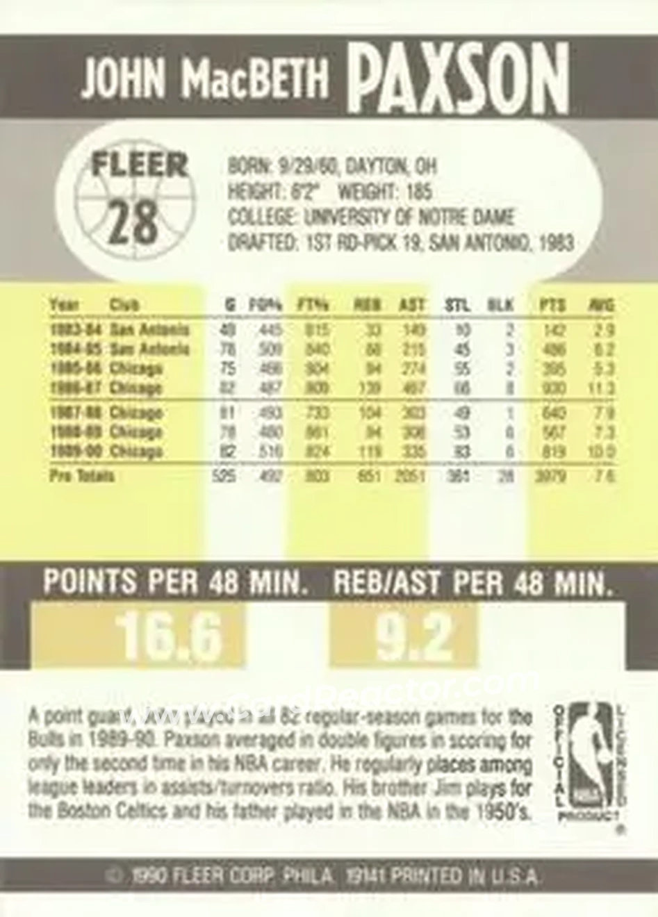 1990-91 Fleer #28 - John Paxson - Chicago Bulls - Back 1990-91 Fleer #28 - John Paxson - Chicago Bulls - Back