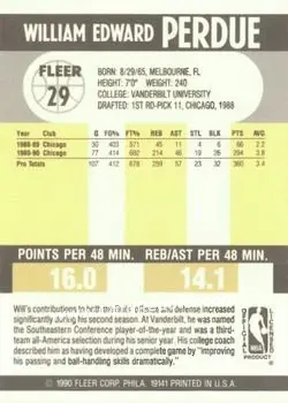 1990-91 Fleer #29 - Will Perdue - Chicago Bulls - Back 1990-91 Fleer #29 - Will Perdue - Chicago Bulls - Back