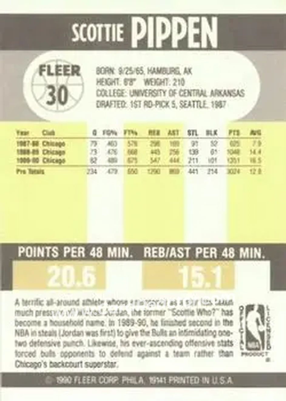 1990-91 Fleer #30 - Scottie Pippen - Chicago Bulls - Back 1990-91 Fleer #30 - Scottie Pippen - Chicago Bulls - Back