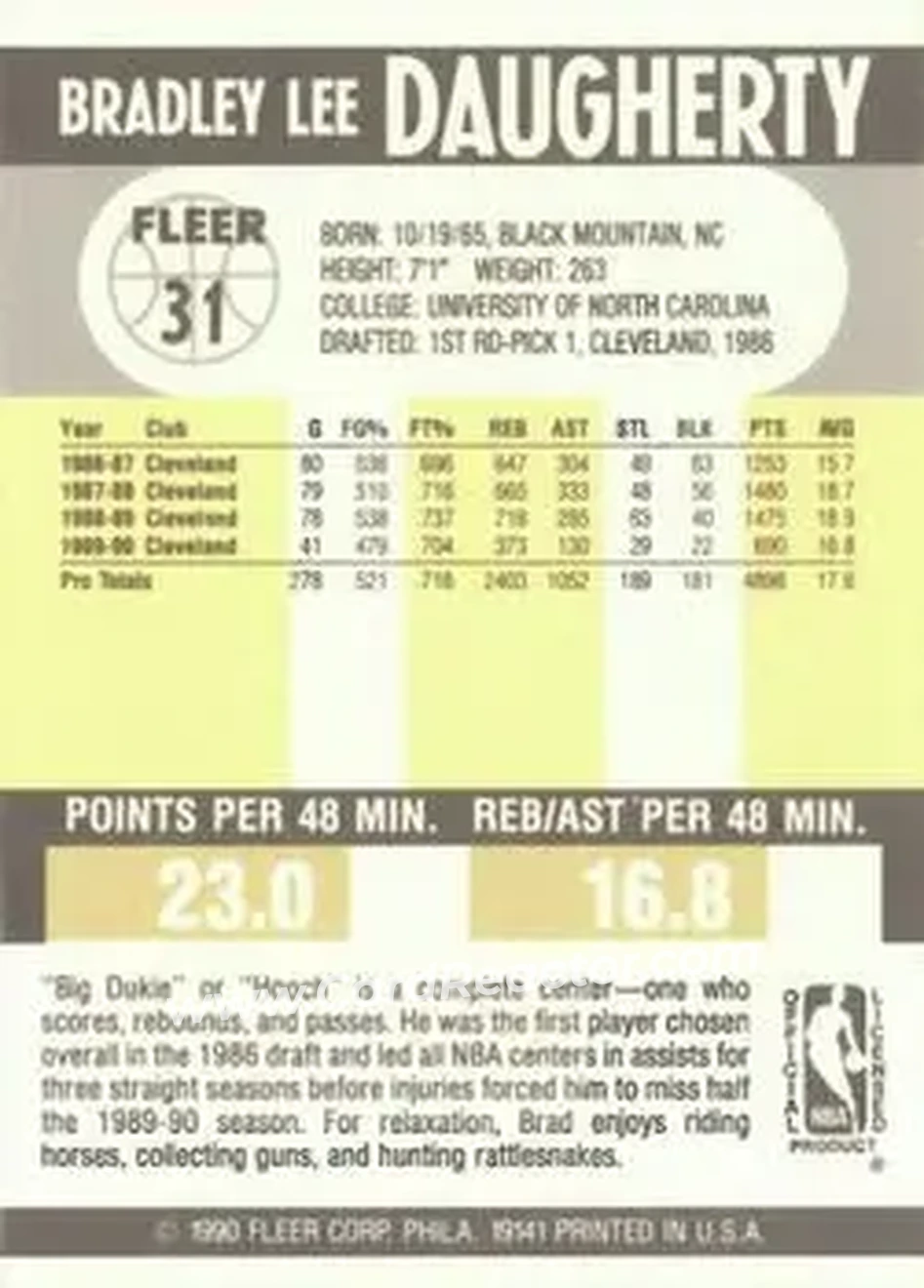1990-91 Fleer #31 - Brad Daugherty - Cleveland Cavaliers - Back