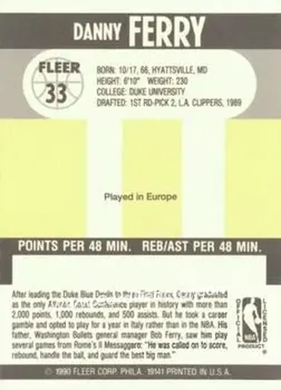 1990-91 Fleer #33 - Danny Ferry - Cleveland Cavaliers - Back