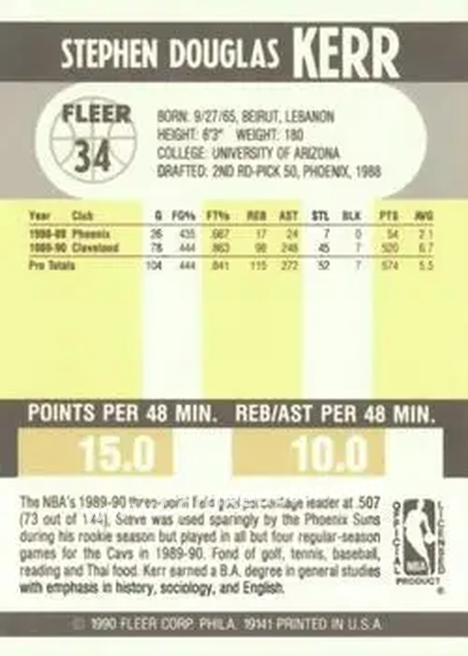 1990-91 Fleer #34 - Steve Kerr - Cleveland Cavaliers - Back