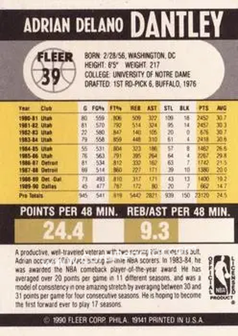 1990-91 Fleer #39 - Adrian Dantley - Dallas Mavericks - Back 1990-91 Fleer #39 - Adrian Dantley - Dallas Mavericks - Back