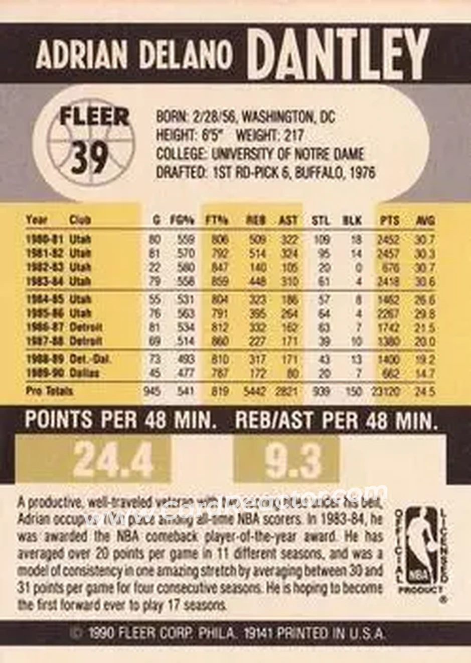 1990-91 Fleer #39 - Adrian Dantley - Dallas Mavericks - Back