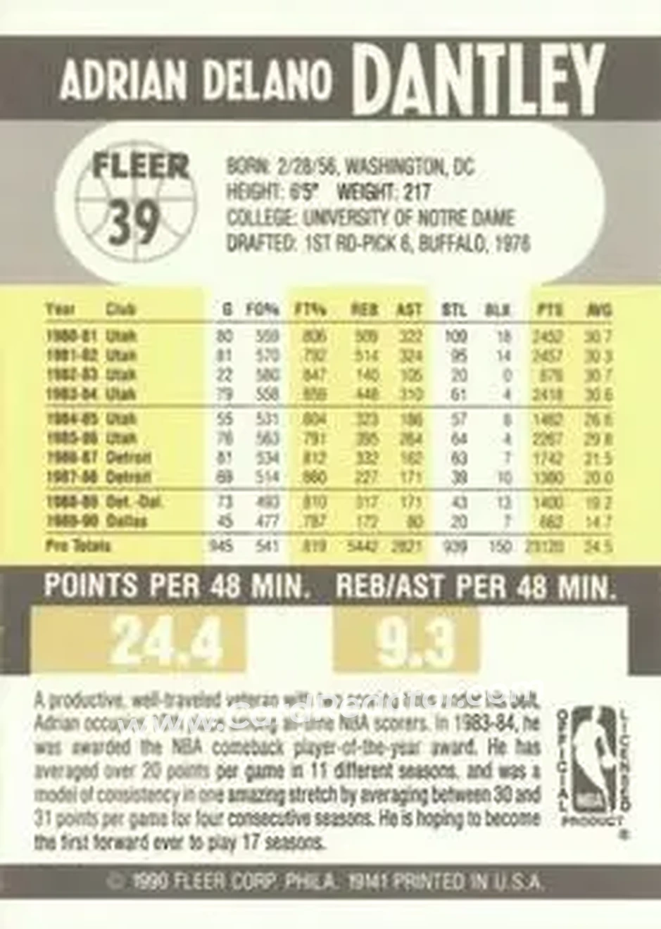 1990-91 Fleer #39 - Adrian Dantley - Dallas Mavericks - Back 1990-91 Fleer #39 - Adrian Dantley - Dallas Mavericks - Back