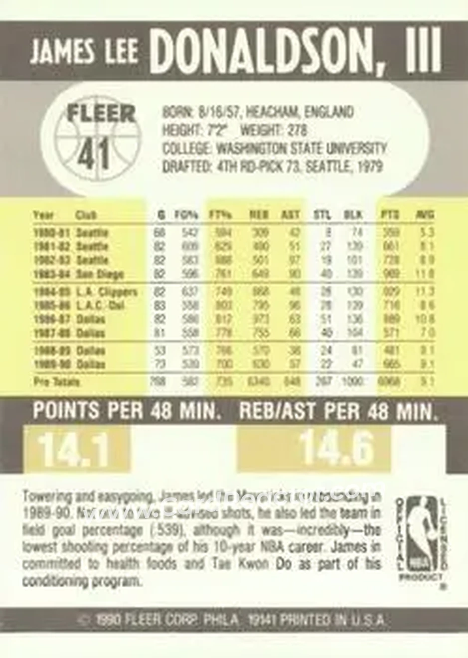 1990-91 Fleer #41 - James Donaldson - Dallas Mavericks - Back