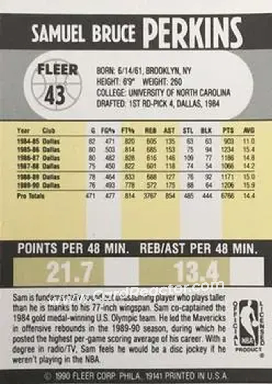 1990-91 Fleer #43 - Sam Perkins - Dallas Mavericks - Back