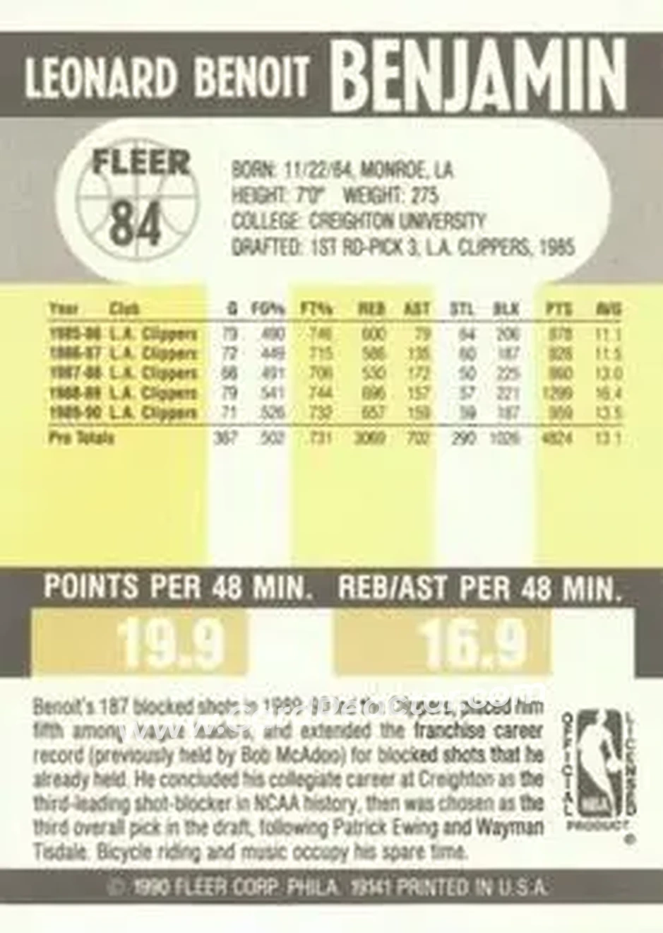 1990-91 Fleer #84 - Benoit Benjamin - Los Angeles Clippers - Back