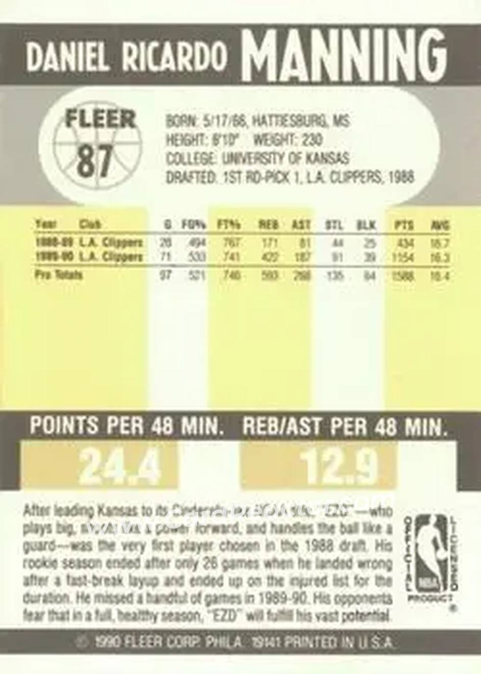 1990-91 Fleer #87 - Danny Manning - Los Angeles Clippers - Back