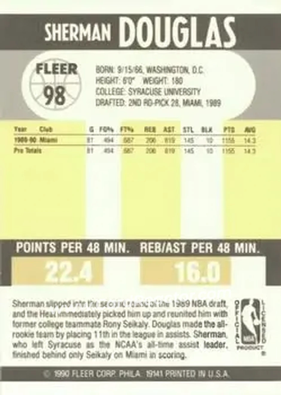 1990-91 Fleer #98 - Sherman Douglas - Miami Heat - Back