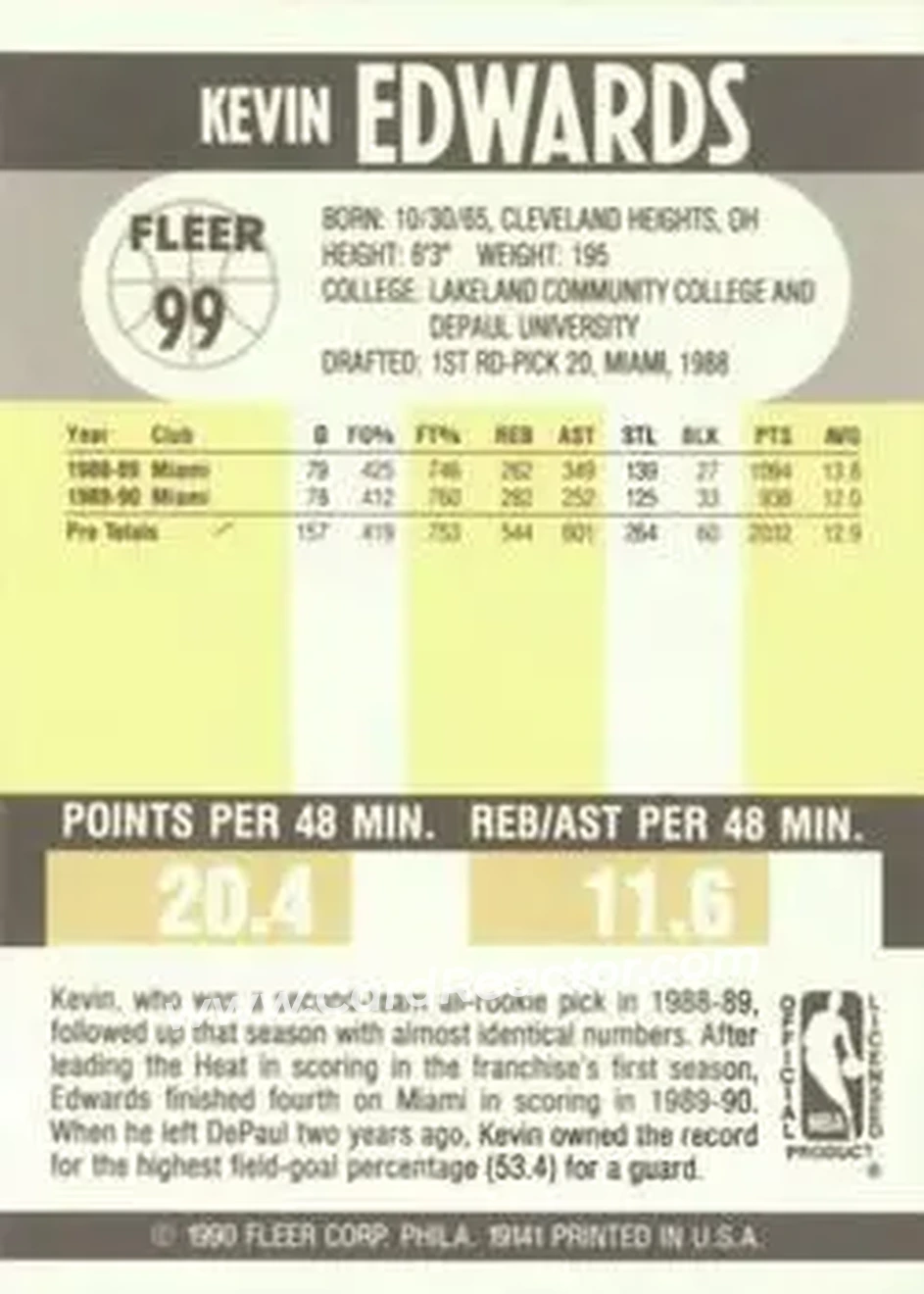 1990-91 Fleer #99 - Kevin Edwards - Miami Heat - Back