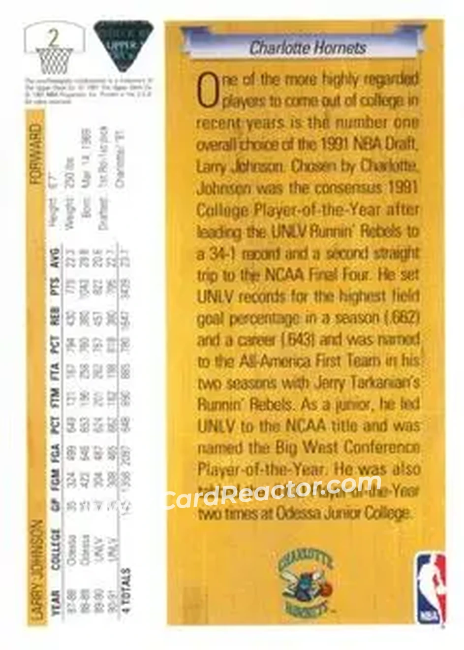 1991-92 Upper Deck #2 - Larry Johnson - Charlotte Hornets - Back 1991-92 Upper Deck #2 - Larry Johnson - Charlotte Hornets - Back