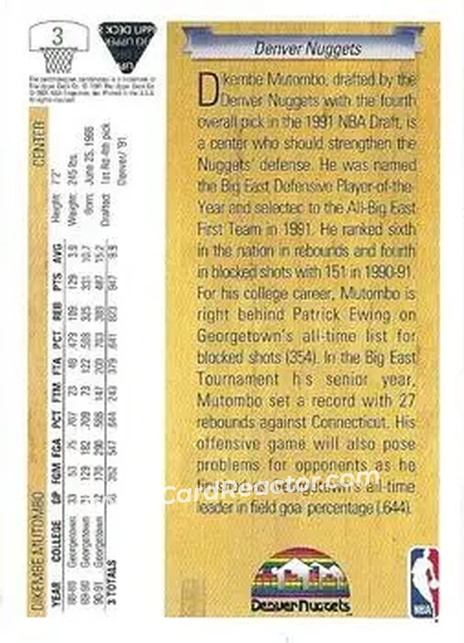1991-92 Upper Deck #3 - Dikembe Mutombo - Denver Nuggets - Back