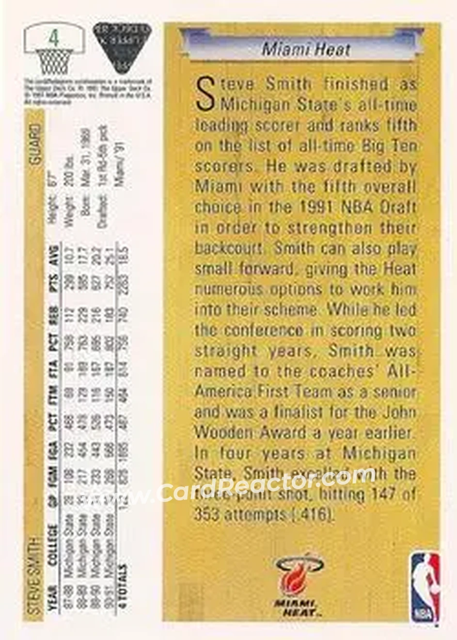 1991-92 Upper Deck #4 - Steve Smith - Miami Heat - Back