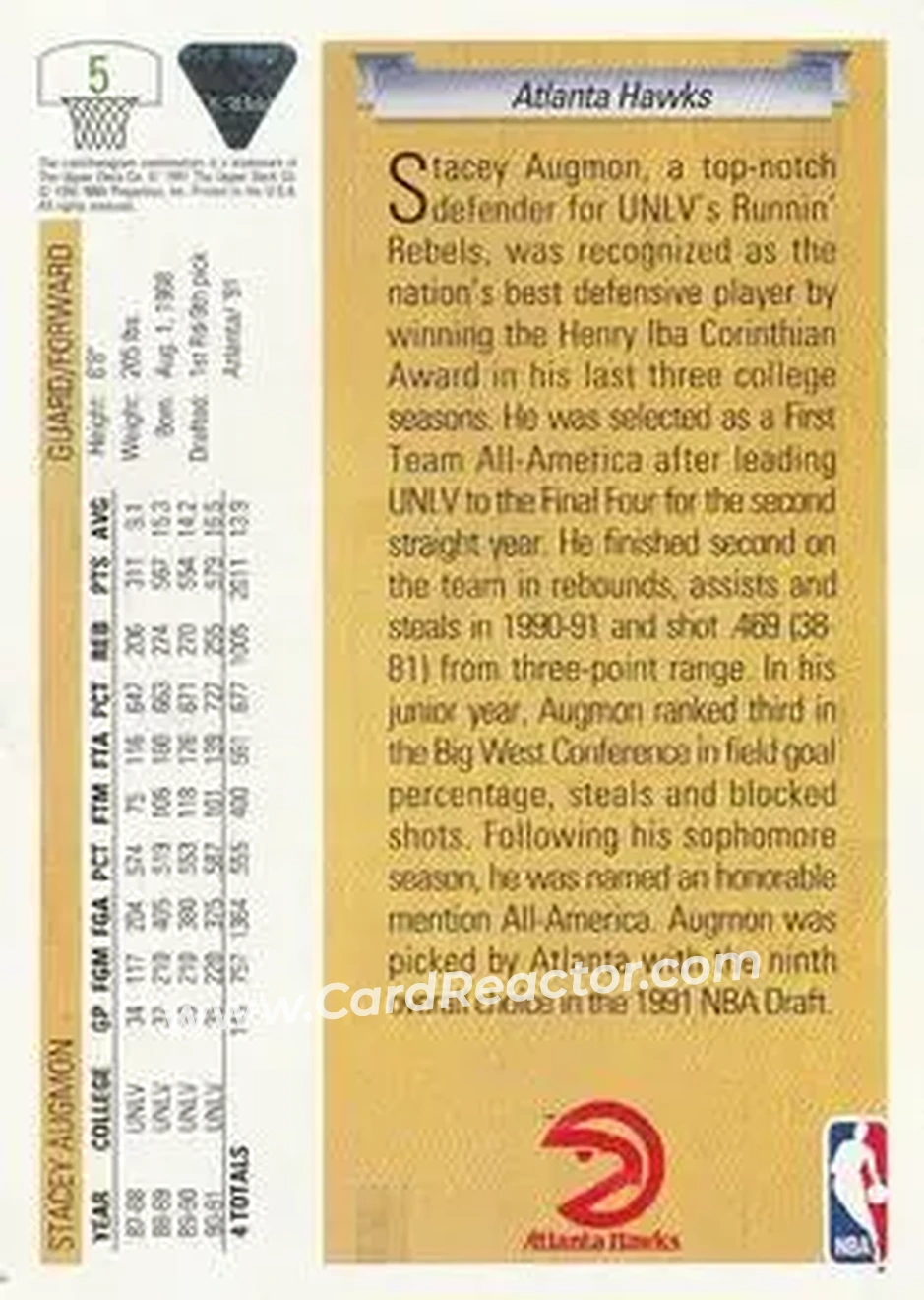 1991-92 Upper Deck #5 - Stacey Augmon - Atlanta Hawks - Back 1991-92 Upper Deck #5 - Stacey Augmon - Atlanta Hawks - Back