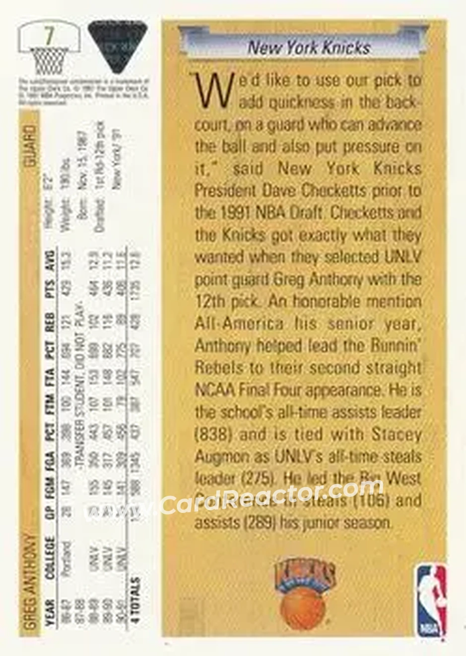 1991-92 Upper Deck #7 - Greg Anthony - New York Knicks - Back 1991-92 Upper Deck #7 - Greg Anthony - New York Knicks - Back