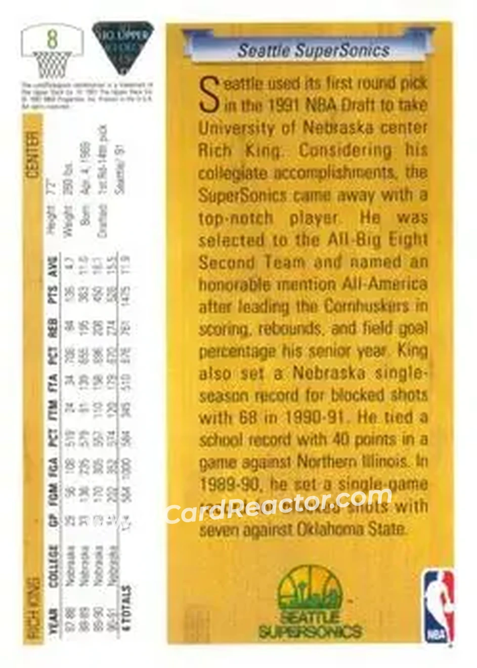 1991-92 Upper Deck #8 - Rich King - Seattle SuperSonics - Back
