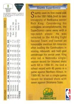 1991-92 Upper Deck #8 - Rich King - Seattle SuperSonics - Back