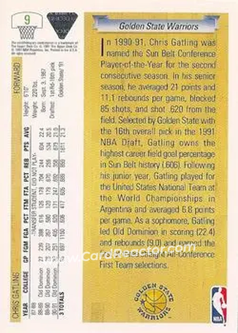 1991-92 Upper Deck #9 - Chris Gatling - Golden State Warriors - Back 1991-92 Upper Deck #9 - Chris Gatling - Golden State Warriors - Back
