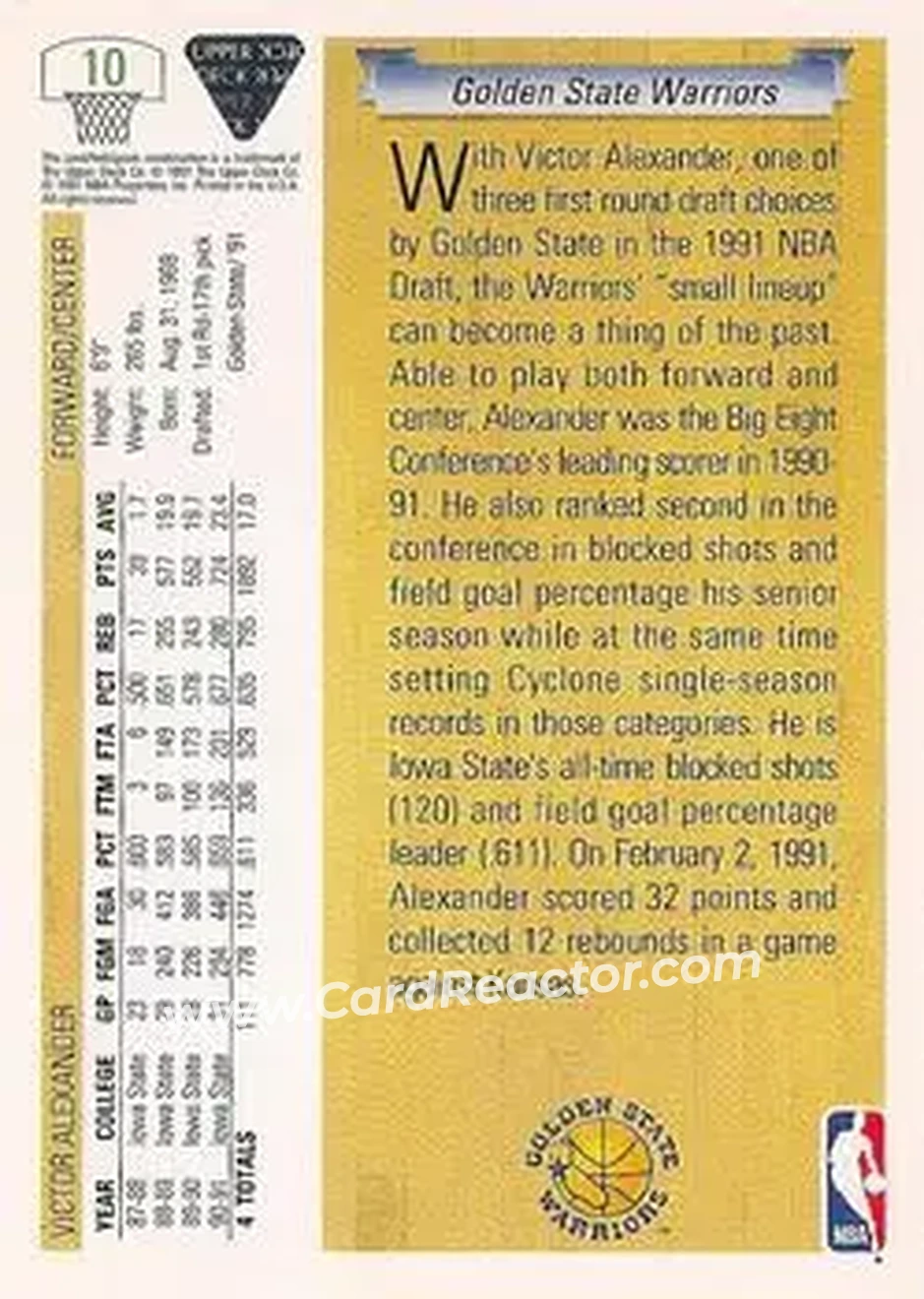 1991-92 Upper Deck #10 - Victor Alexander - Golden State Warriors - Back 1991-92 Upper Deck #10 - Victor Alexander - Golden State Warriors - Back