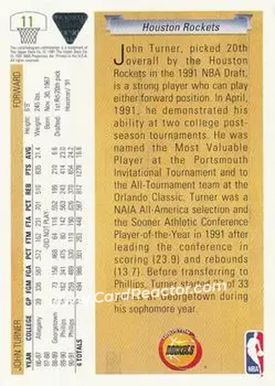 1991-92 Upper Deck #11 - John Turner - Houston Rockets - Back