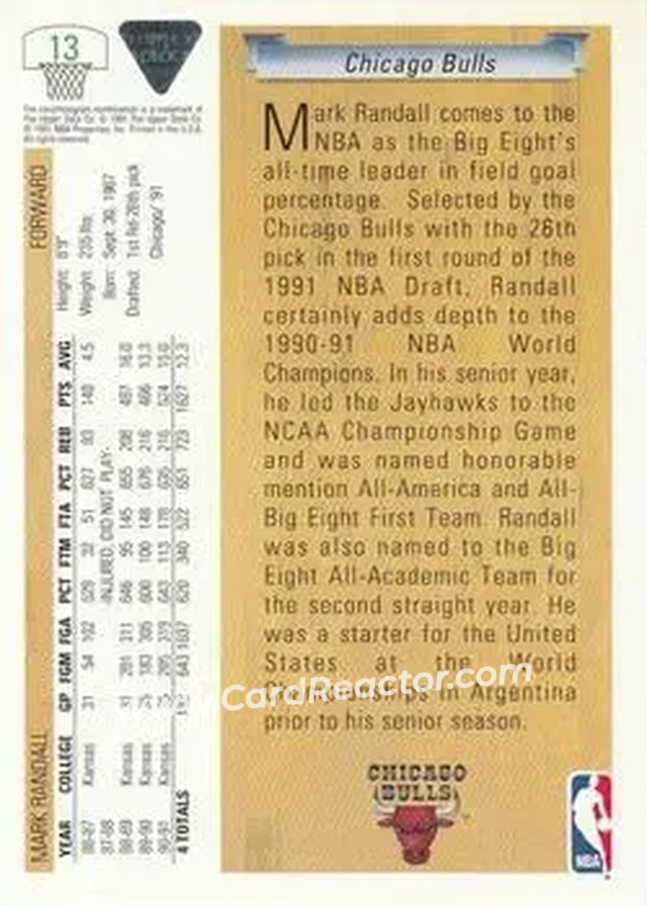 1991-92 Upper Deck #13 - Mark Randall - Chicago Bulls - Back 1991-92 Upper Deck #13 - Mark Randall - Chicago Bulls - Back