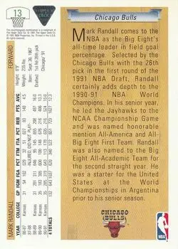 1991-92 Upper Deck #13 - Mark Randall - Chicago Bulls - Back 1991-92 Upper Deck #13 - Mark Randall - Chicago Bulls - Back