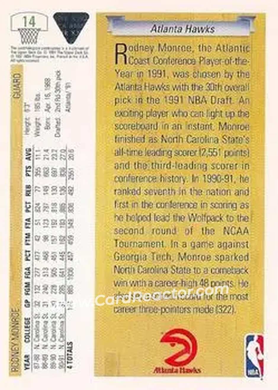 1991-92 Upper Deck #14 - Rodney Monroe - Atlanta Hawks - Back