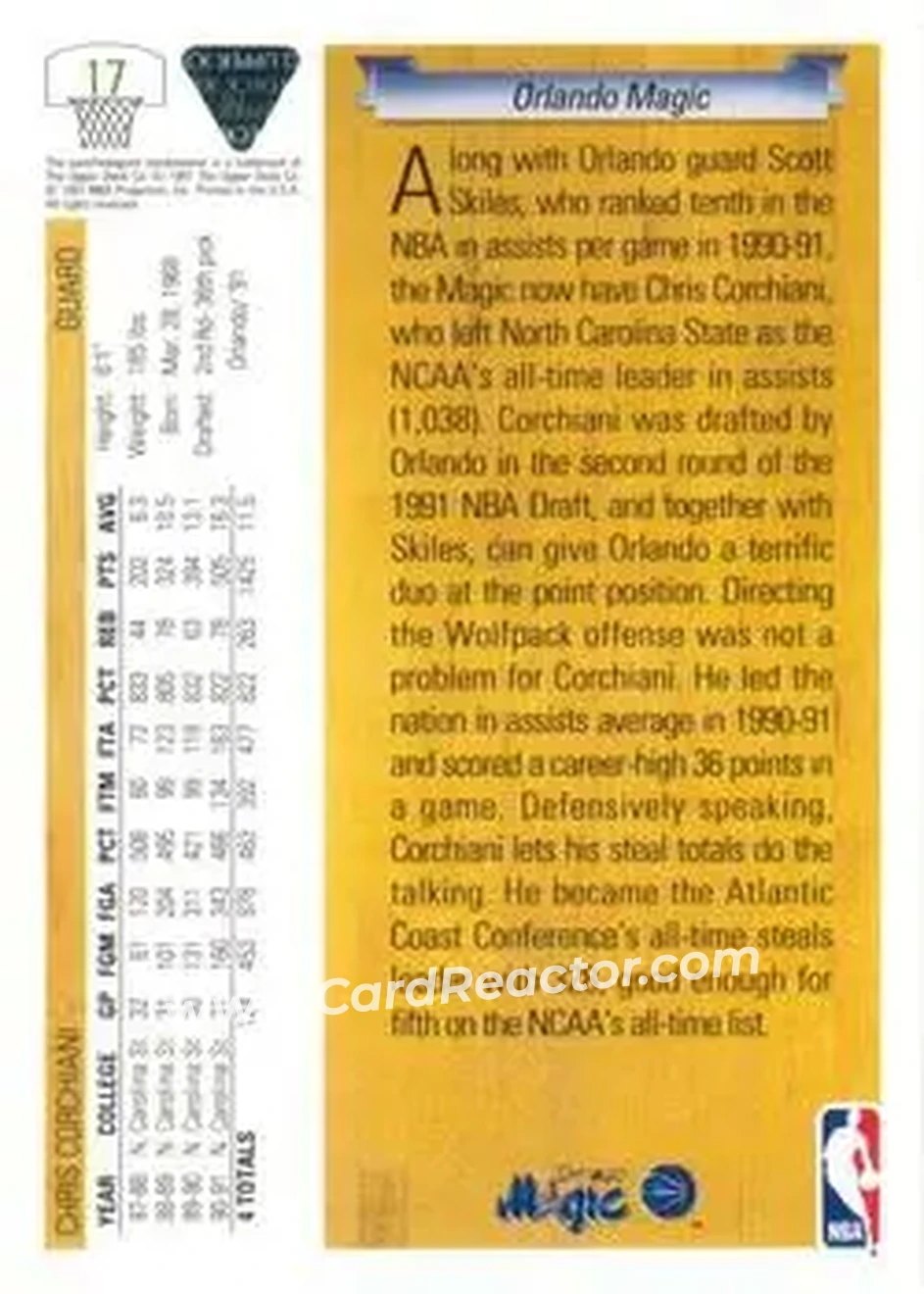 1991-92 Upper Deck #17 - Chris Corchiani - Orlando Magic - Back