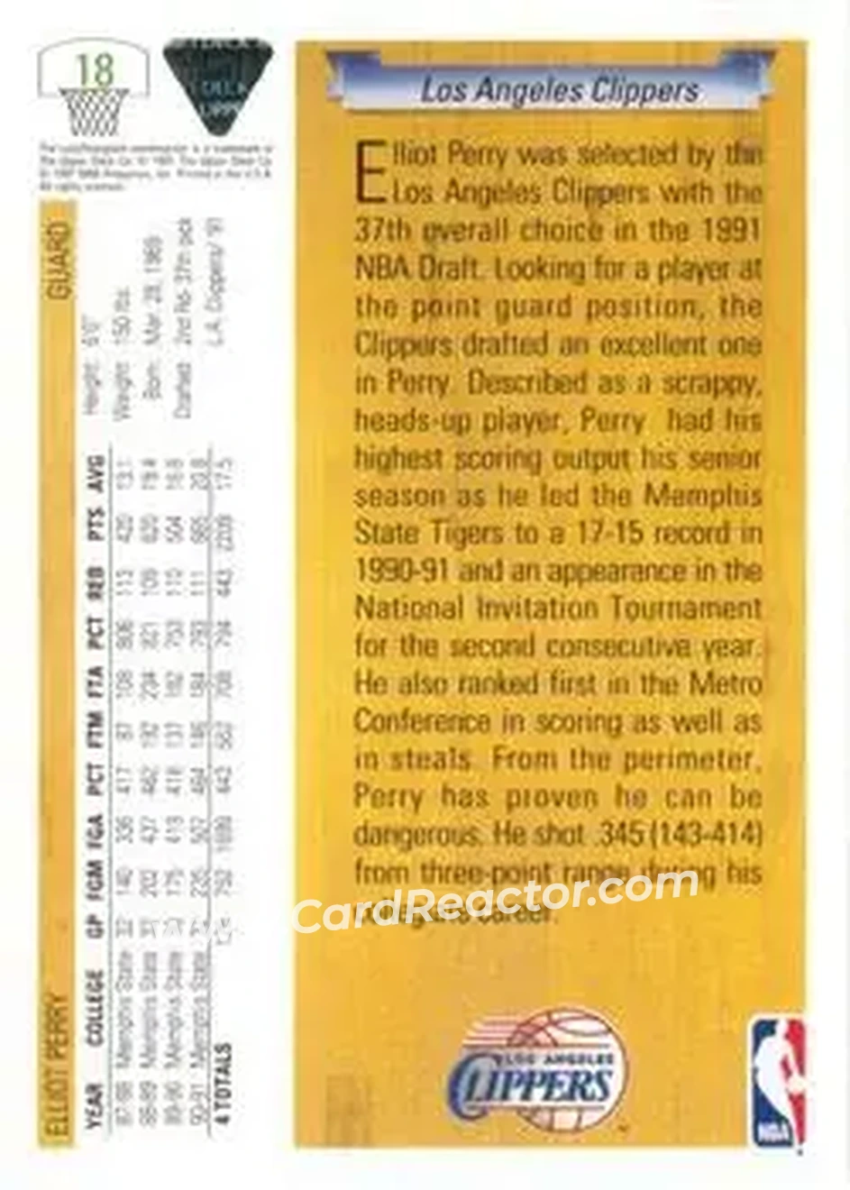 1991-92 Upper Deck #18 - Elliot Perry - Los Angeles Clippers - Back