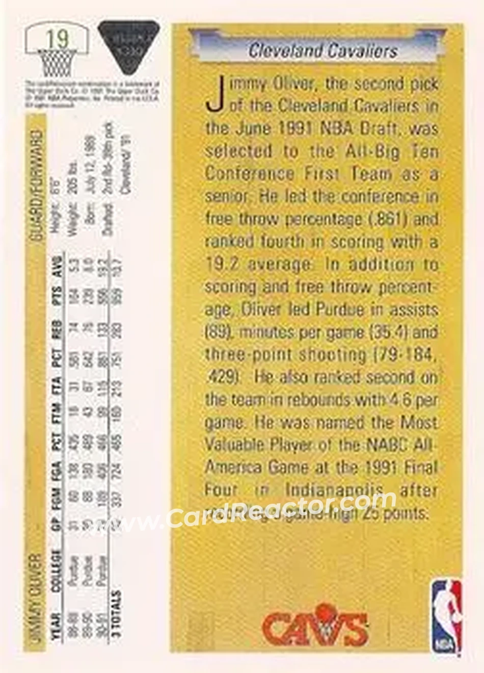 1991-92 Upper Deck #19 - Jimmy Oliver - Cleveland Cavaliers - Back 1991-92 Upper Deck #19 - Jimmy Oliver - Cleveland Cavaliers - Back