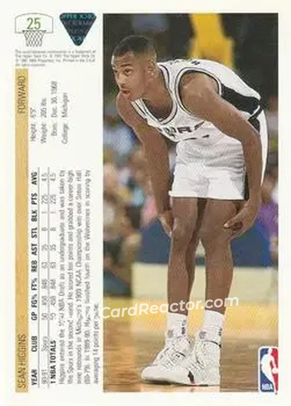 1991-92 Upper Deck #25 - Sean Higgins - San Antonio Spurs - Back