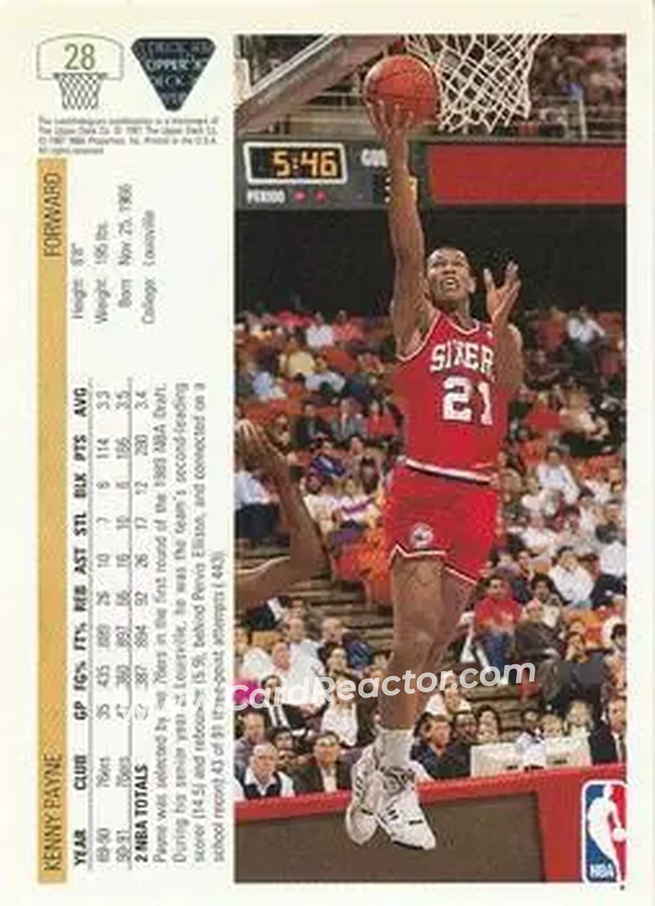 1991-92 Upper Deck #28 - Kenny Payne - Philadelphia 76ers - Back 1991-92 Upper Deck #28 - Kenny Payne - Philadelphia 76ers - Back