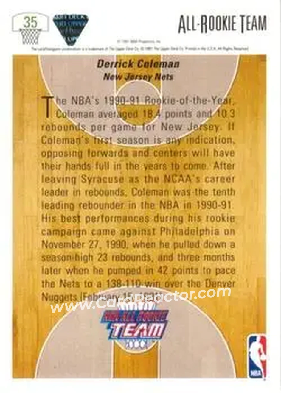 1991-92 Upper Deck #35 - Derrick Coleman - New Jersey Nets - Back 1991-92 Upper Deck #35 - Derrick Coleman - New Jersey Nets - Back