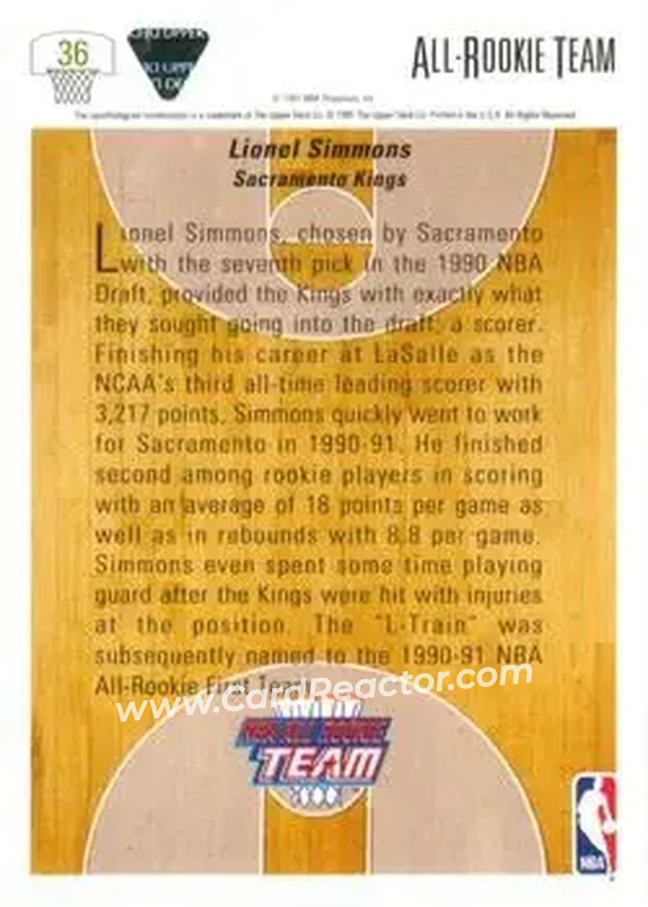 1991-92 Upper Deck #36 - Lionel Simmons - Sacramento Kings - Back