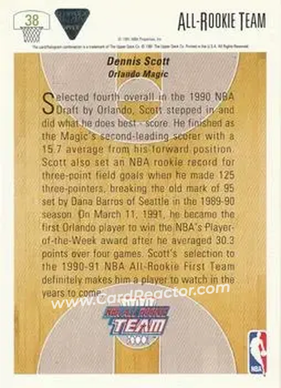 1991-92 Upper Deck #38 - Dennis Scott - Orlando Magic - Back 1991-92 Upper Deck #38 - Dennis Scott - Orlando Magic - Back