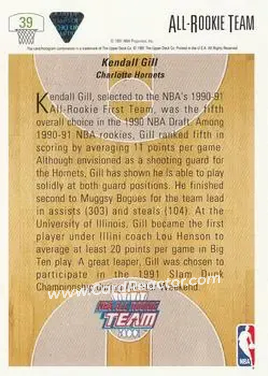 1991-92 Upper Deck #39 - Kendall Gill - Charlotte Hornets - Back