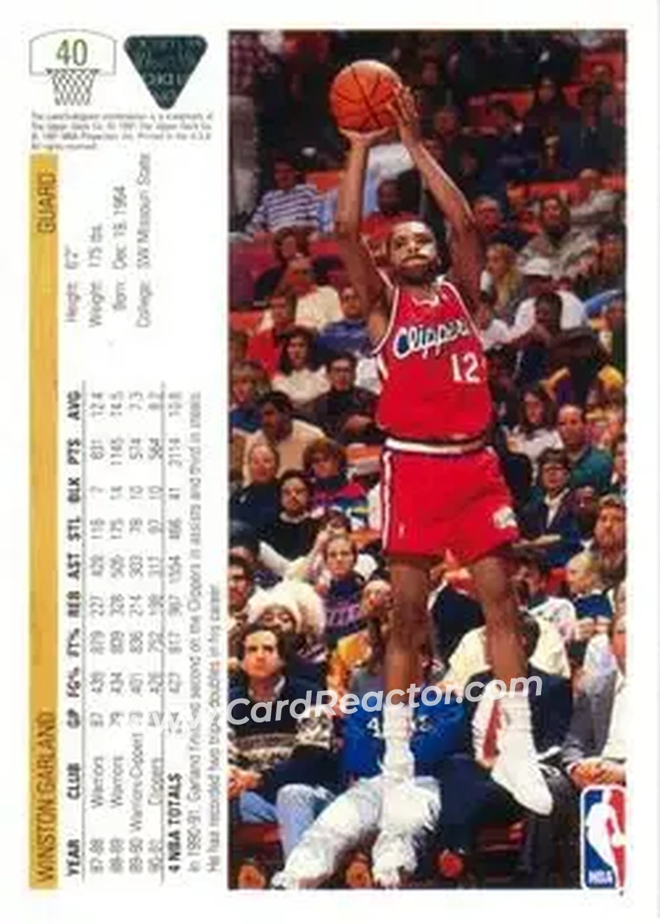 1991-92 Upper Deck #40 - Winston Garland - Los Angeles Clippers - Back
